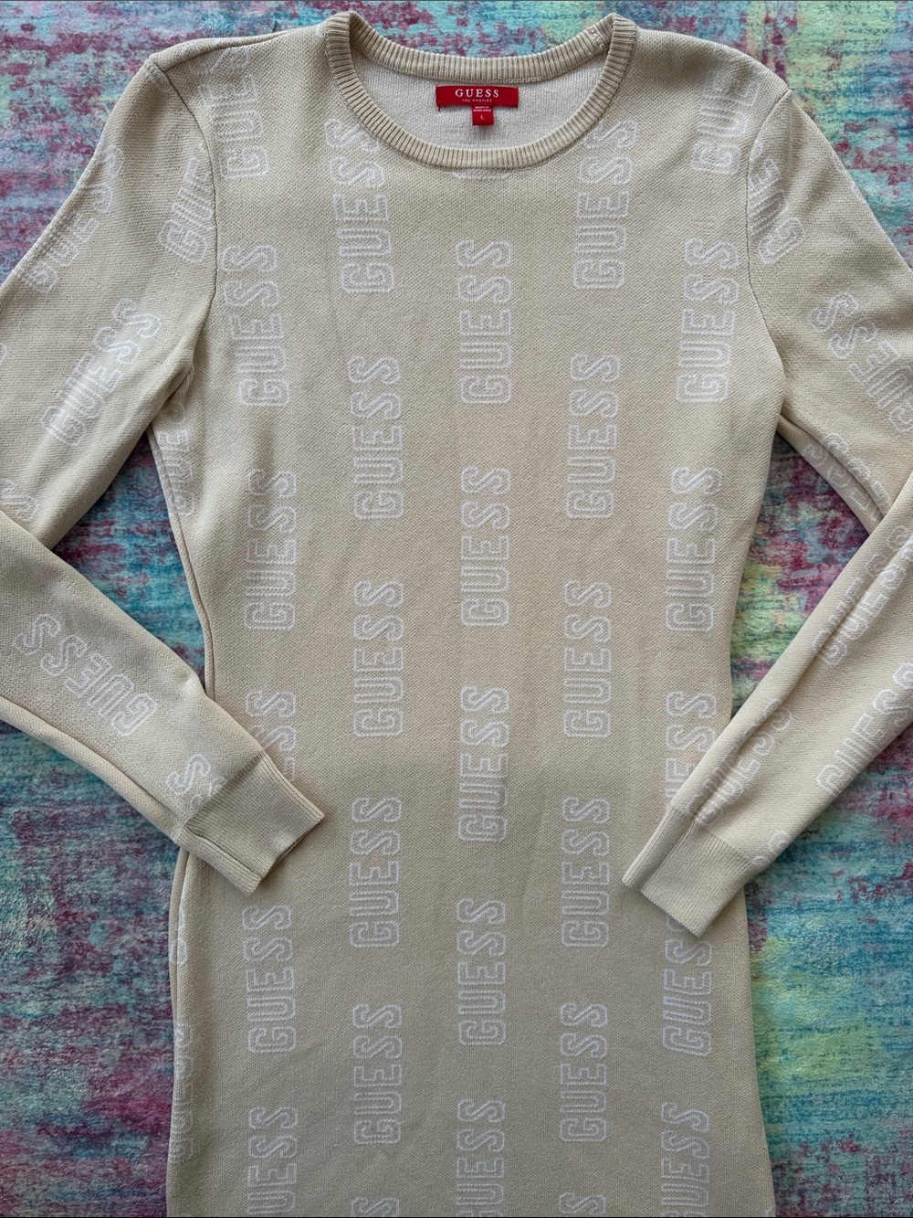 GUESS Beige Logo-Intarsia Long Sleeve Knit Dress